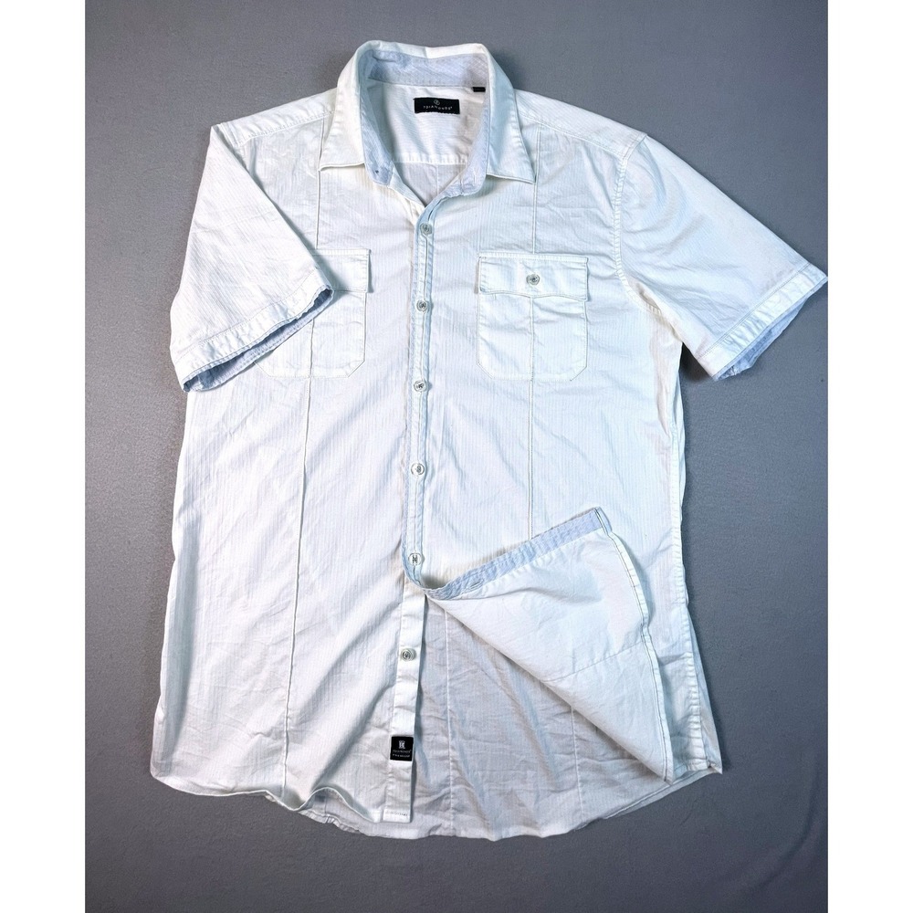 7 Diamonds Shirt Mens Large White Premium Short Sleeve Button Up Striped Stretch